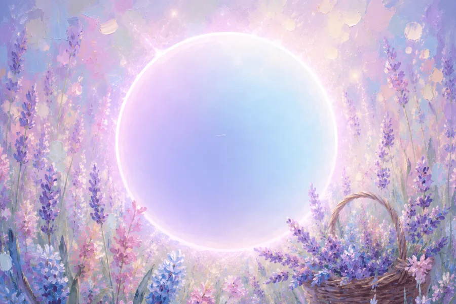 Pintura em tons lilás com uma esfera luminosa entre flores