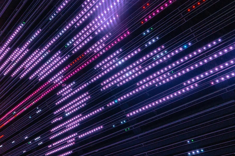 Linhas de luz roxas e brancas sobre um fundo escuro